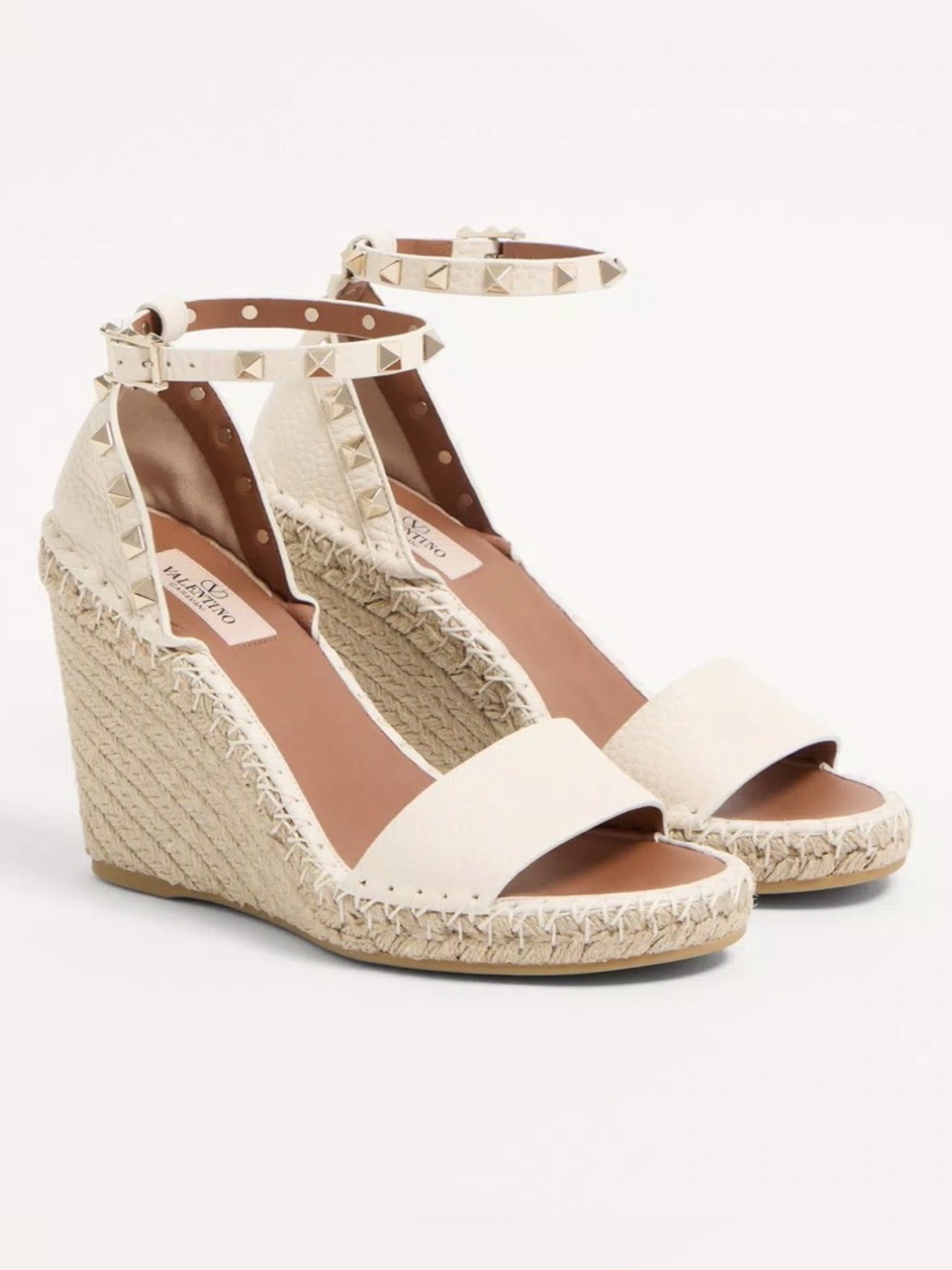 Valentino Cream Leather Rockstud Espadrille Wedge Sandals Size EU38
